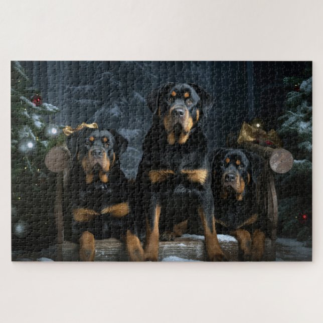 Quebra-cabeça Rottweiler Snowy Sleigh Decência de Natal (Horizontal)