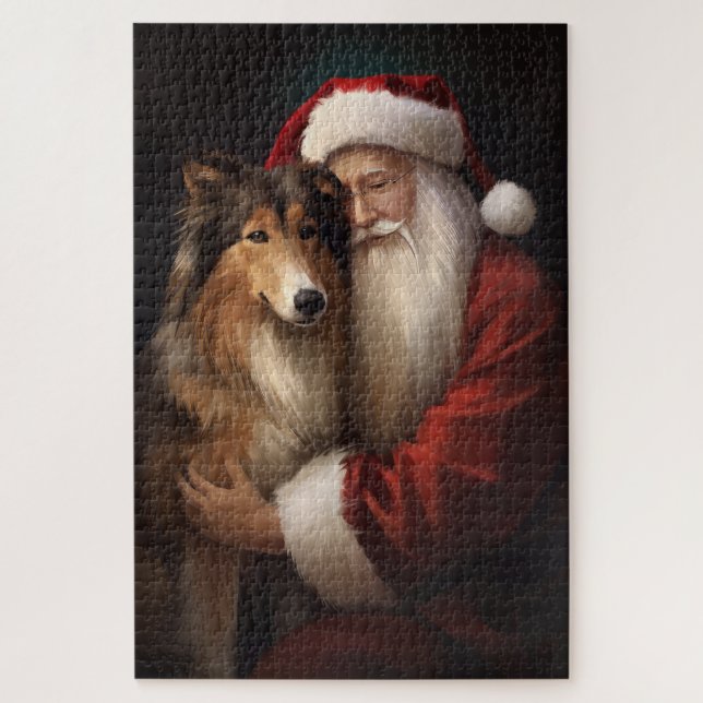 Quebra-cabeça Rough Collie com Papai Noel Natal Festivo (Vertical)