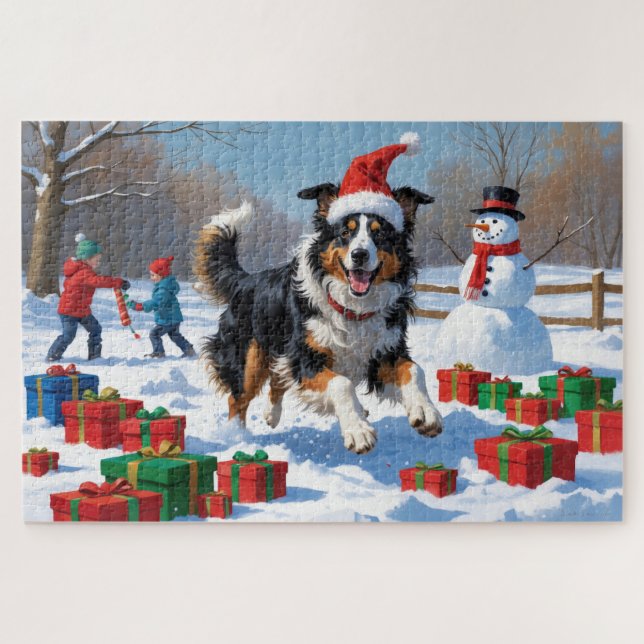 Quebra-cabeça Rough Collie Correndo na Neve com Chapéu de Natal (Horizontal)