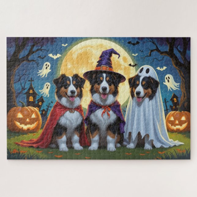Quebra-cabeça Rough Collie Dogs Pumpkin Halloween Engraçado (Horizontal)