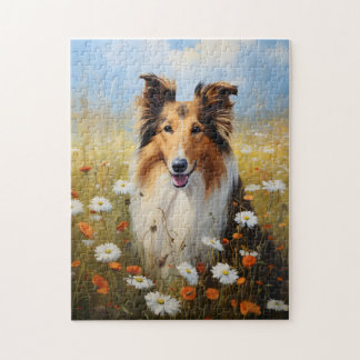 Quebra-cabeça Rough Collie no Campo Flor