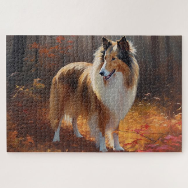 Quebra-cabeça Rough Collie no Outono Folhas Caídas Inspiram (Horizontal)