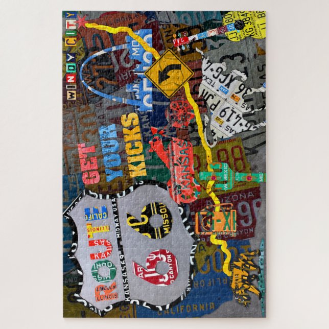 Quebra-cabeça Route 66 Arte de Placa de Licença de Colagem (Vertical)