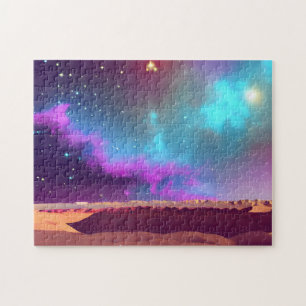 Quebra-cabeça Roxo Cósmico e Céu Azul e Estrelas sobre o Deserto
