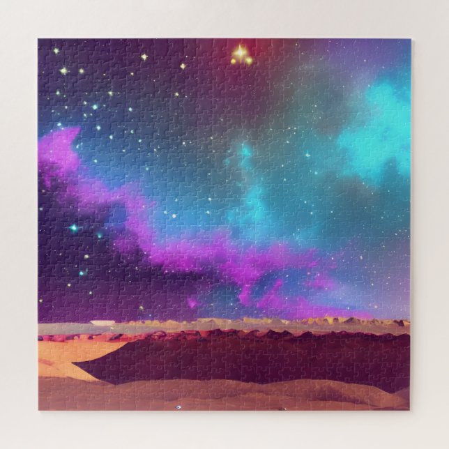 Quebra-cabeça Roxo Cósmico e Névoa Azul Sobre a Noite das Estrel (Horizontal)