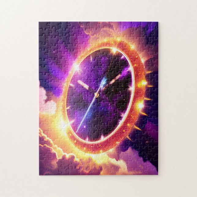 Quebra-cabeça Roxo Cósmico e Relógio Dourado Inclinando Espaço E (Vertical)