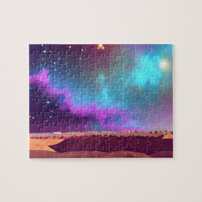 Quebra-cabeça Roxo Galático e Céu Místico Azul sobre o Planeta (Horizontal)