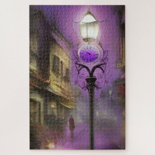 Quebra-cabeça Rua Londres antiga com lâmpada de relógio em roxo