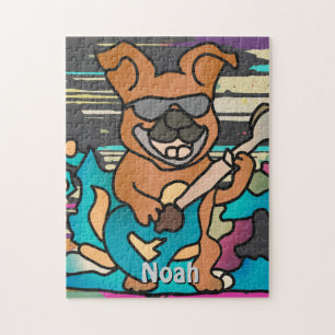 Quebra-cabeça Rua Retro Cachorro com Violão Engraçado
