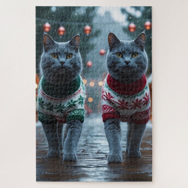 Quebra-cabeça Russian Blue Cats Christmas Snow Holiday  (Vertical)