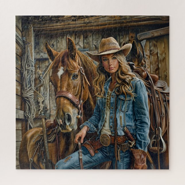 Quebra-cabeça Rustic Cowgirl in Denim with Horse Western Barn (Vertical)