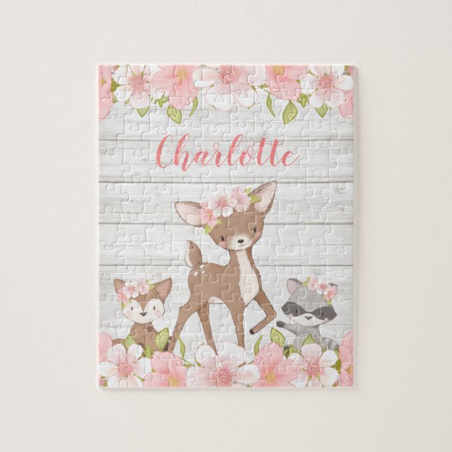 Quebra-cabeça Rustic Floral Woodland Animais Personalizados Cria (Vertical)
