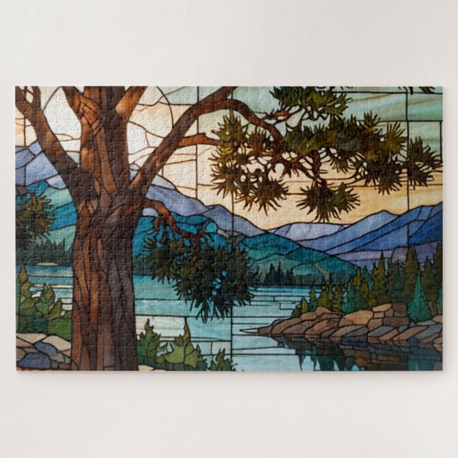 Quebra-cabeça Rustic mountain range landscape stain glass  (Horizontal)