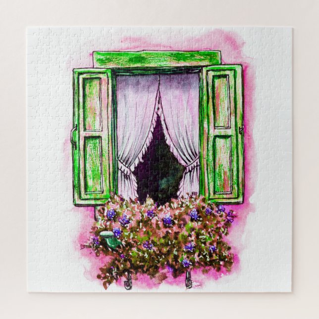 Quebra-cabeça Rustic Windows: Watercolor Sketch Provance. (Vertical)