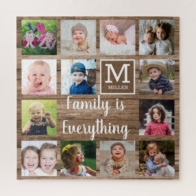 Quebra-cabeça Rustic Wood 13 Photo Collage Family Monogram (Vertical)