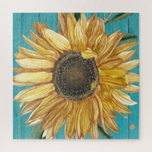 Quebra-cabeça Rústico Sunflower Teal Blue Barn Wood Country