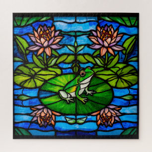 Quebra-cabeça Sagrado Vidro Verde Sapo e Flores de Nenúfar
