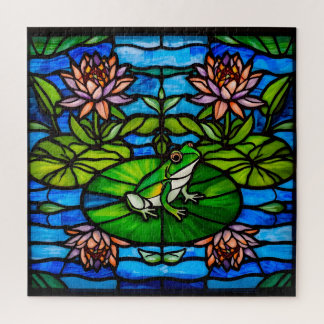 Quebra-cabeça Sagrado Vidro Verde Sapo e Flores de Nenúfar