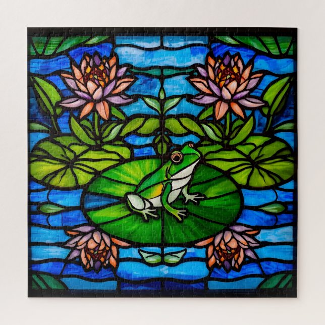 Quebra-cabeça Sagrado Vidro Verde Sapo e Flores de Nenúfar (Vertical)