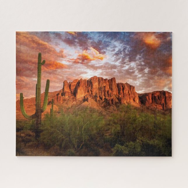 Quebra-cabeça Saguaro Cactus Superstition Mountain Sunset Art (Horizontal)