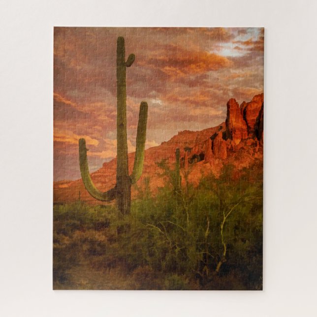 Quebra-cabeça Saguaro Cactus Superstition Mountain Sunset Art (Vertical)