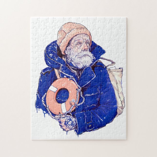 Quebra-cabeça Sailor Holding Lifebuoy Wearing Orange Knit Cap (Vertical)
