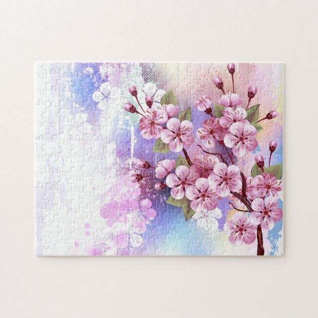 Quebra-cabeça Sakura rosa no fundo da pintura (Horizontal)