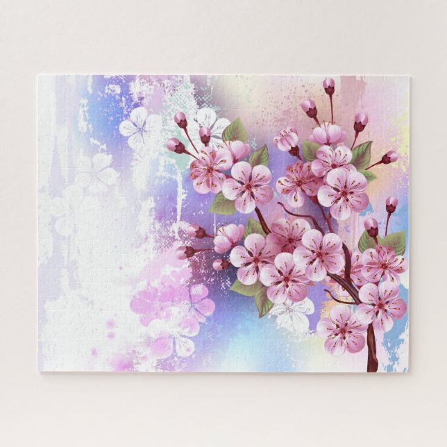 Quebra-cabeça Sakura rosa no fundo da pintura (Horizontal)