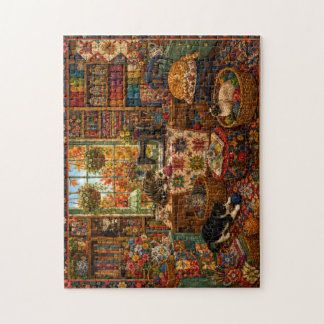 Quebra-cabeça Sala de Artesanato Aconchegante com Gatos Jigsaw P