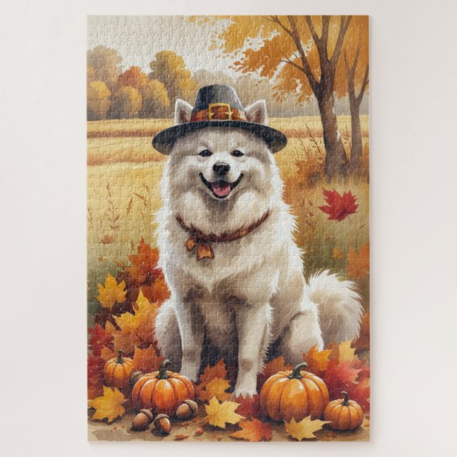 Quebra-cabeça Samoyed In Autumn Deixa A Arte De Ação De Graças (Vertical)