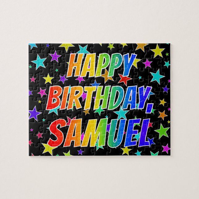 Quebra-cabeça "SAMUEL" Primeiro Nome, Diversão "FELIZ ANIVERSÁRI (Horizontal)