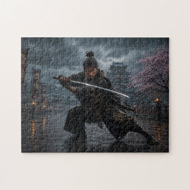 Quebra-cabeça Samurái bajo la lluvia — Guerrero japonés con kata (Horizontal)