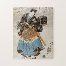 Samurai japonês segurando lanterna katana ukiyo-e