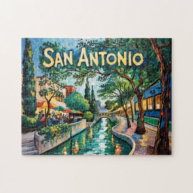 Quebra-cabeça San Antonio Texas Rio Caminhada Van Gogh Cidade Vi (Horizontal)