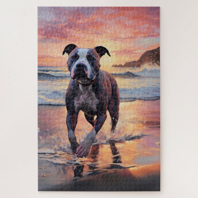Quebra-cabeça Sandy American Staffordshire Dog em Beach Sunset (Vertical)