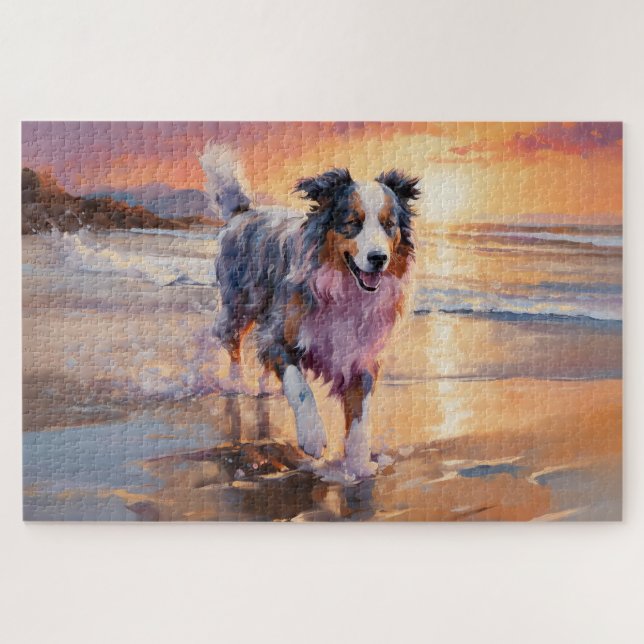 Quebra-cabeça Sandy Australian Shepherd Dog on Beach Sunset (Horizontal)