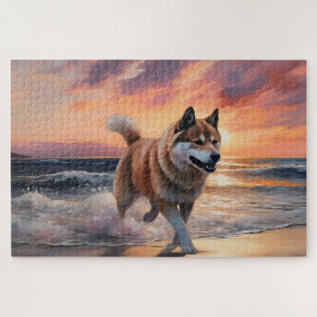 Quebra-cabeça Sandy Paws Akita Dog em Beach Sunset (Horizontal)