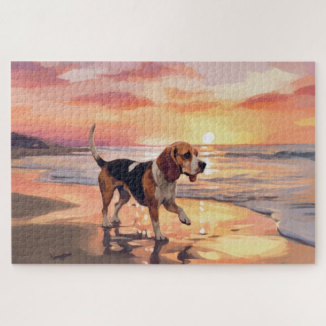 Quebra-cabeça Sandy Paws Beagle Dog em Beach Sunset (Horizontal)