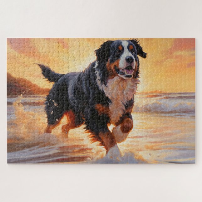 Quebra-cabeça Sandy Paws Bernese Mountain Dog em Beach Sunset (Horizontal)