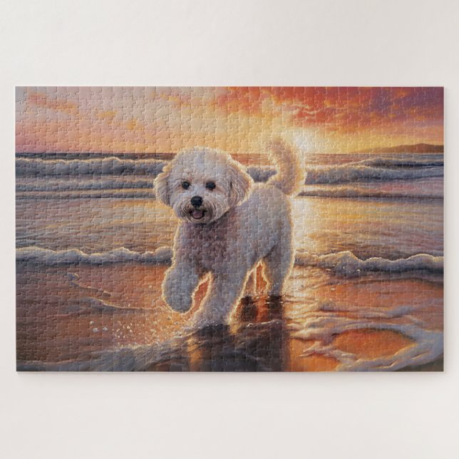 Quebra-cabeça Sandy Paws Bichon Frise Dog em Beach Sunset (Horizontal)