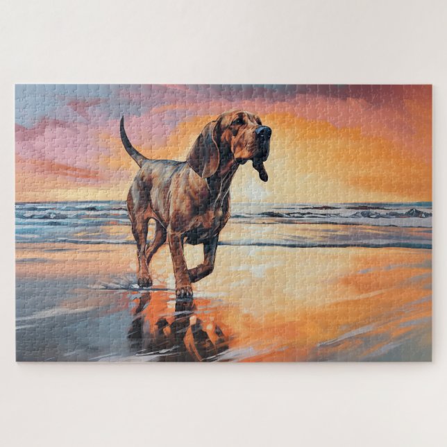 Quebra-cabeça Sandy Paws Bloodhound Dog em Beach Sunset (Horizontal)