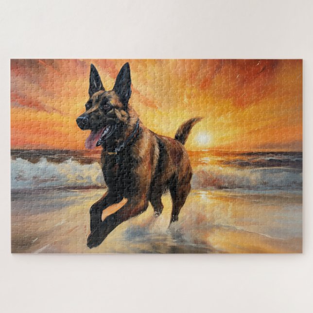 Quebra-cabeça Sandy Paws Cachorro Malinois Belga em Beach Sunset (Horizontal)
