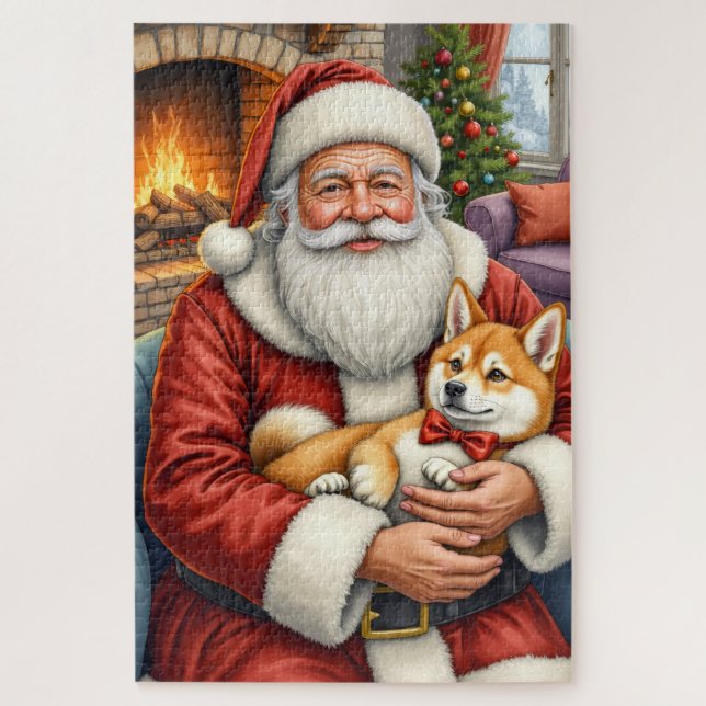 Quebra-cabeça Santa Claus Holding Akita Christmas Art (Vertical)