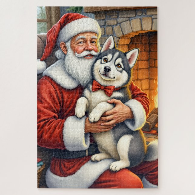 Quebra-cabeça Santa Claus Holding Alaskan Malamute Christmas Art (Vertical)