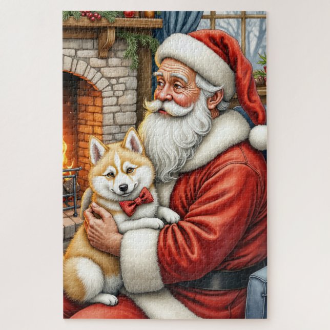 Quebra-cabeça Santa Claus Holding American Eskimo Christmas Art (Vertical)