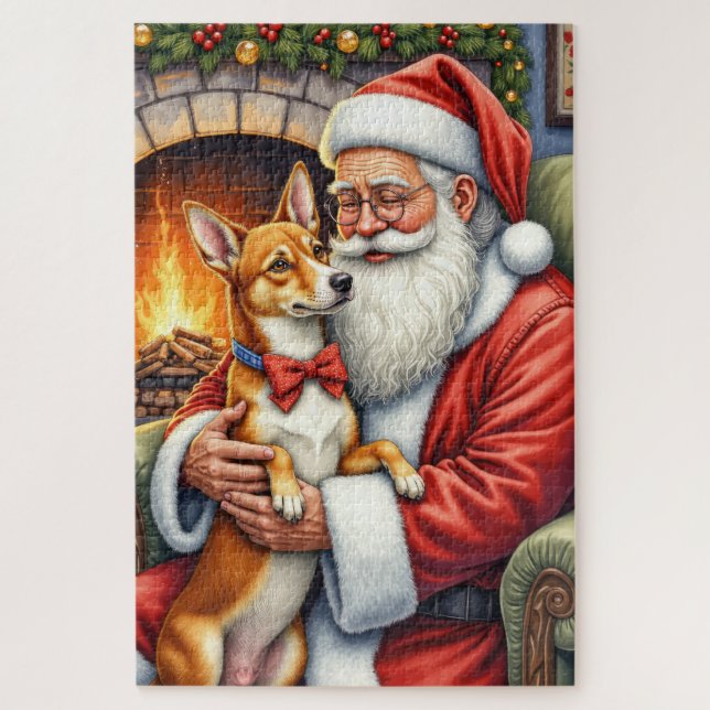 Quebra-cabeça Santa Claus Holding Basenji Christmas Art (Vertical)