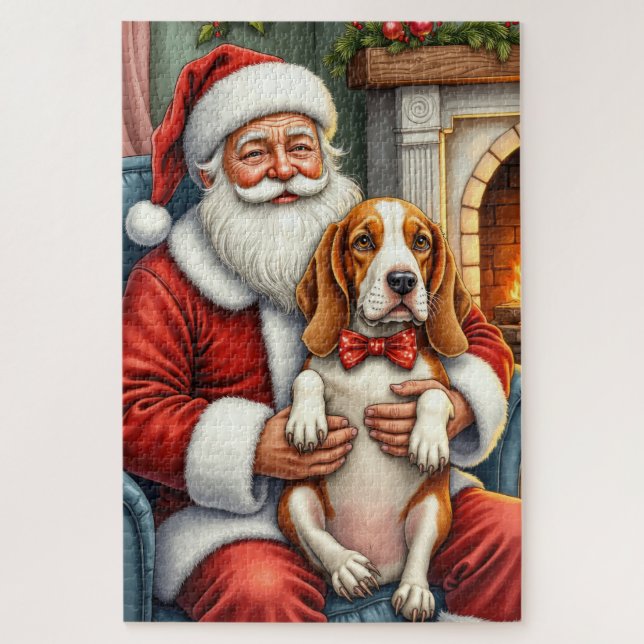 Quebra-cabeça Santa Claus Holding Basset Hound Christmas Art (Vertical)