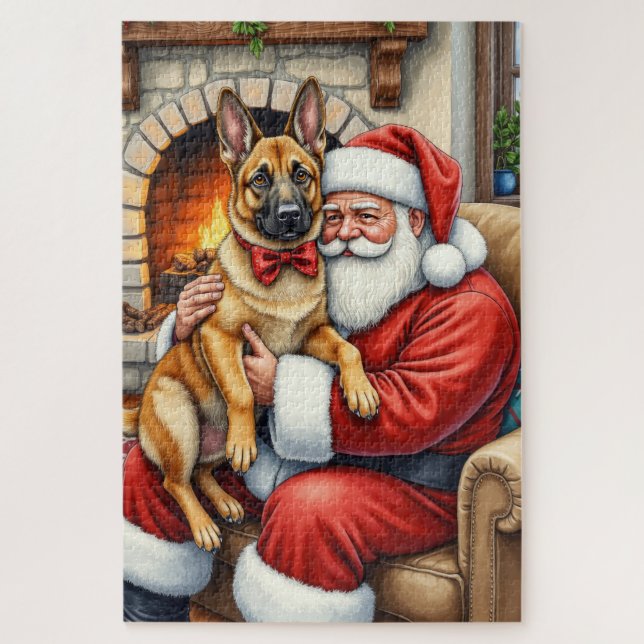 Quebra-cabeça Santa Claus Holding Belgian Malinois Christmas Art (Vertical)