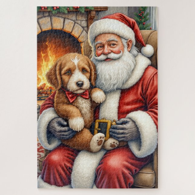 Quebra-cabeça Santa Claus Holding Bernedoodle Christmas Art (Vertical)