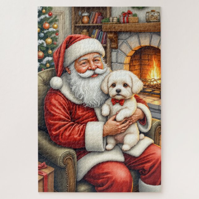 Quebra-cabeça Santa Claus Holding Bichon Frise Christmas Art (Vertical)
